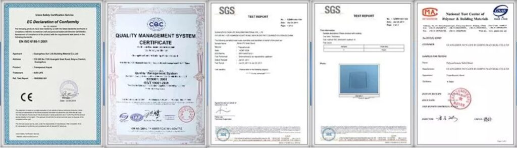 certificate of polycarbonate sheet PC hollow solid compact sheet